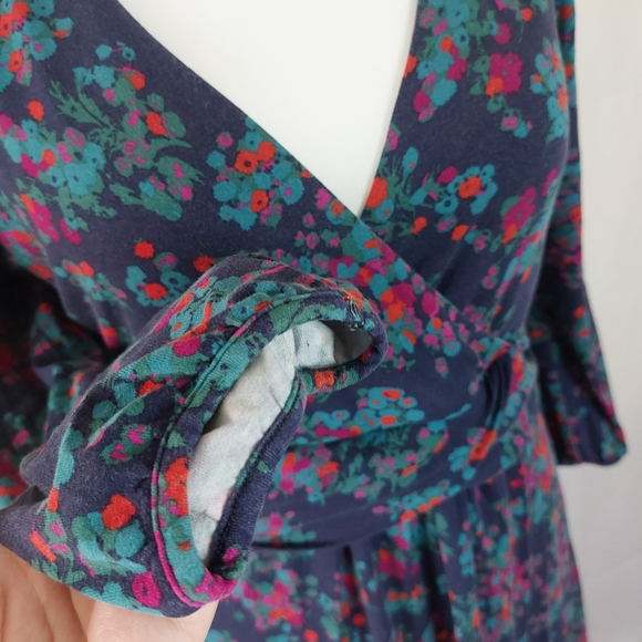 Boden Wrap Top Purple Navy 3/4 Sleeve Midi Jersey Dress Stretch Floral Size 16L - Picture 4 of 10